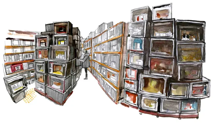 Le local des maquettes en volume aux ateliers de Sarcelles, dessin de Damien Roudeau