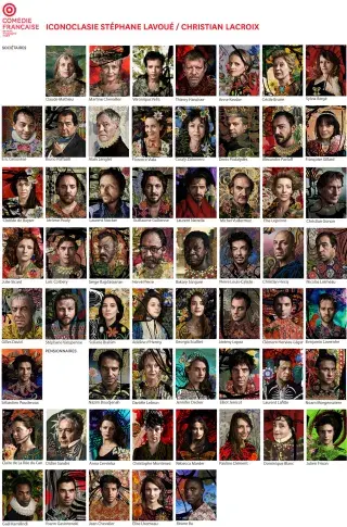 Trombinoscope de la troupe de la Comédie-Française, février 2019. Portraits de Stéphane Lavoué enluminés par Christian Lacroix