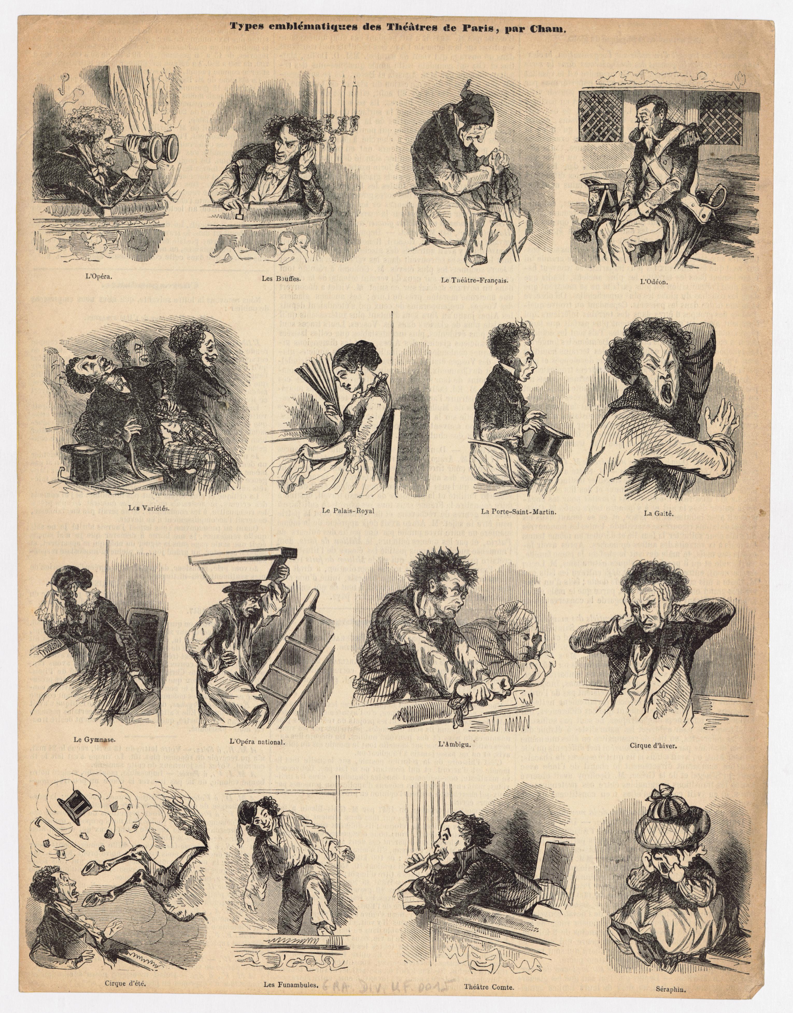 10-types-emblc-matiques-des-thc-e-tres-de-paris-caricature-par-cham-1839-1879-